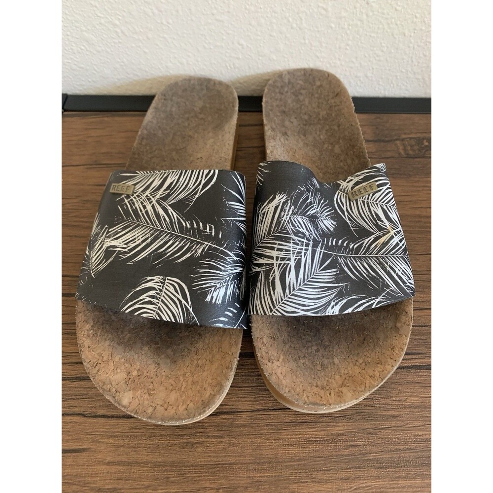 Reef Cushion Scout Black Floral Slip On Slides Beach Sandals Womens Sz 9
